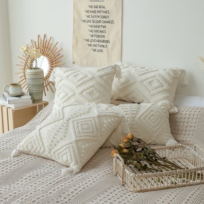 Supply 250g Woven Tufted Tassel Throw Pillow Cover 18x18 Inch White Boho Decorative Cushion Cover for Bedroom Sofa Couch Car Wholesale
