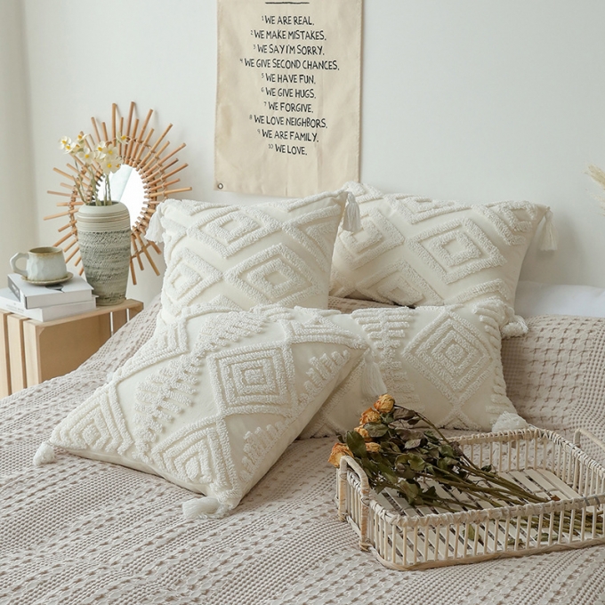 Supply 250g Woven Tufted Tassel Throw Pillow Cover 18x18 Inch White Boho Decorative Cushion Cover for Bedroom Sofa Couch Car Wholesale