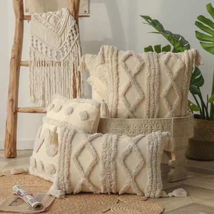 Quality Geometric Embroidered Boho Cream Decorative Pillow Cotton Tufted