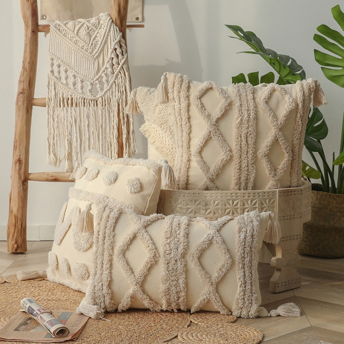 Quality Geometric Embroidered Boho Cream Decorative Pillow Cotton Tufted