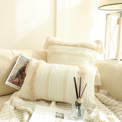 White Cream Fringe Tassels Floor Throw Pillow Case Custom