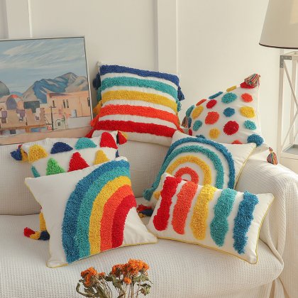 Luxury 100% Cotton Rainbow Tufted Throw Pillow Outdoor Decorative Cushion Cover Pillowcase for Sofa Wholesale