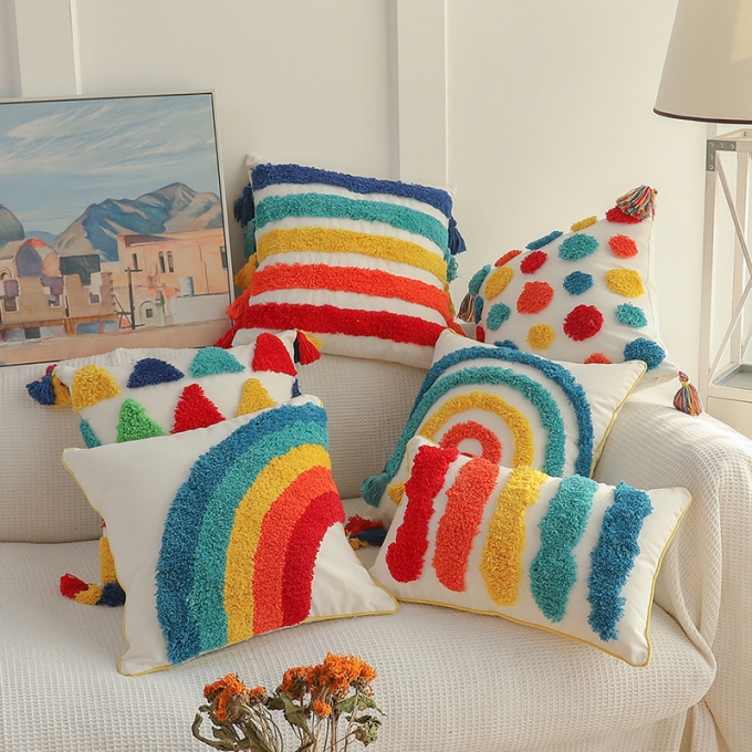 Luxury 100% Cotton Rainbow Tufted Throw Pillow Outdoor Decorative Cushion Cover Pillowcase for Sofa Wholesale
