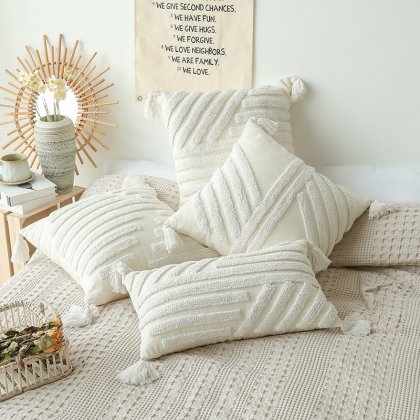 Bohemian Cotton Canvas Tufted Throw Pillow Covers with Fringes For Home Decoration Wholesale