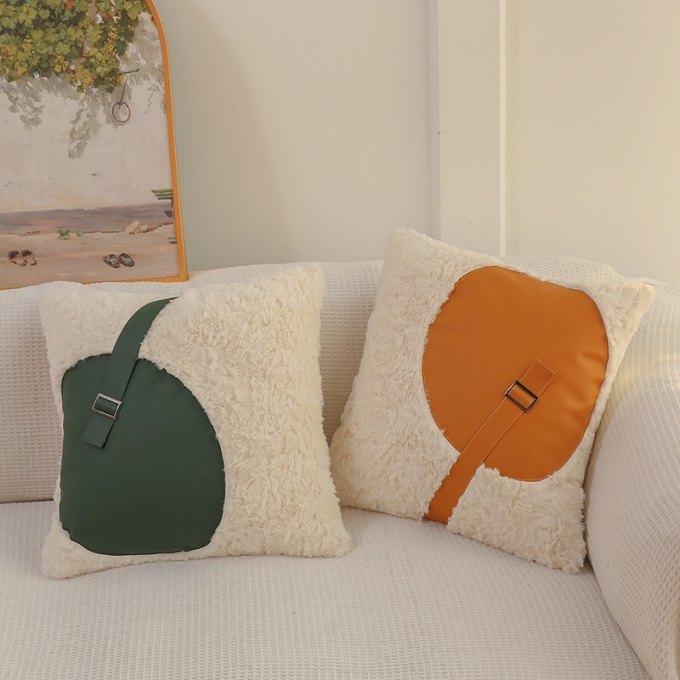 Yellow Patchwork Plush Pillow Cover with Leather Cushion Cover Supplier
