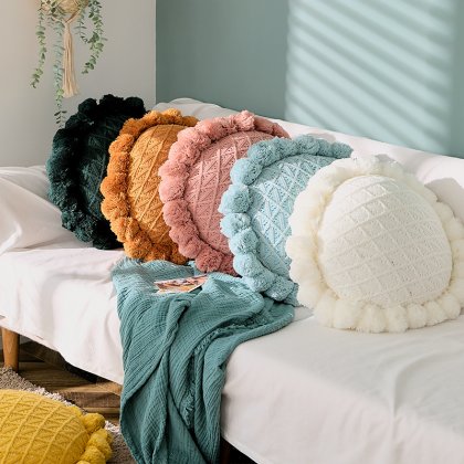 Handmade Knitted Sun-Flower Throw Decorative Pillow With Pom poms Wholesale