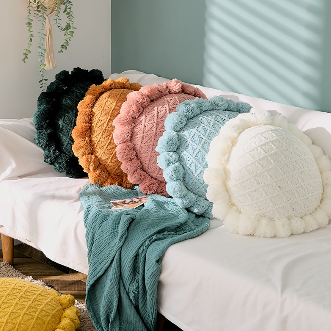 Handmade Knitted Sun-Flower Throw Decorative Pillow With Pom poms Wholesale